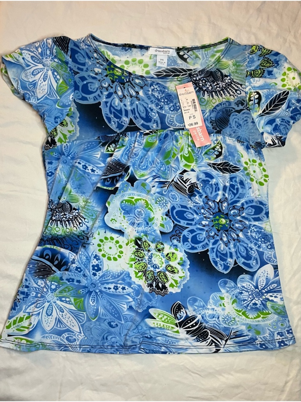 dressbarn Blue & Green Floral Short-Sleeve Scoop Neck Top